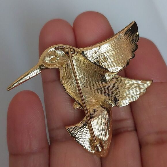 Vintage Unsigned AVON High Gloss Gold Tone Hummingbird Brooch Pin - Picture 4 of 7